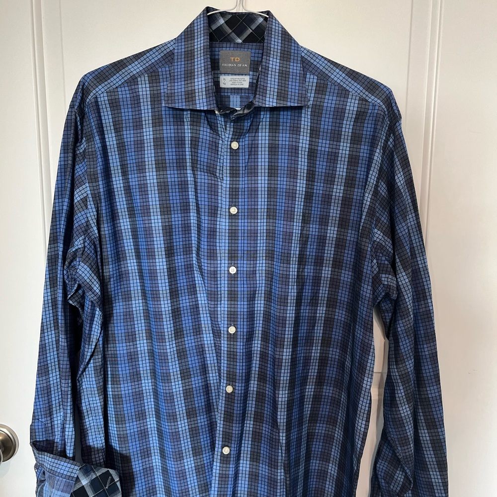 Thomas Dean Blue Checkered Dress Shirt